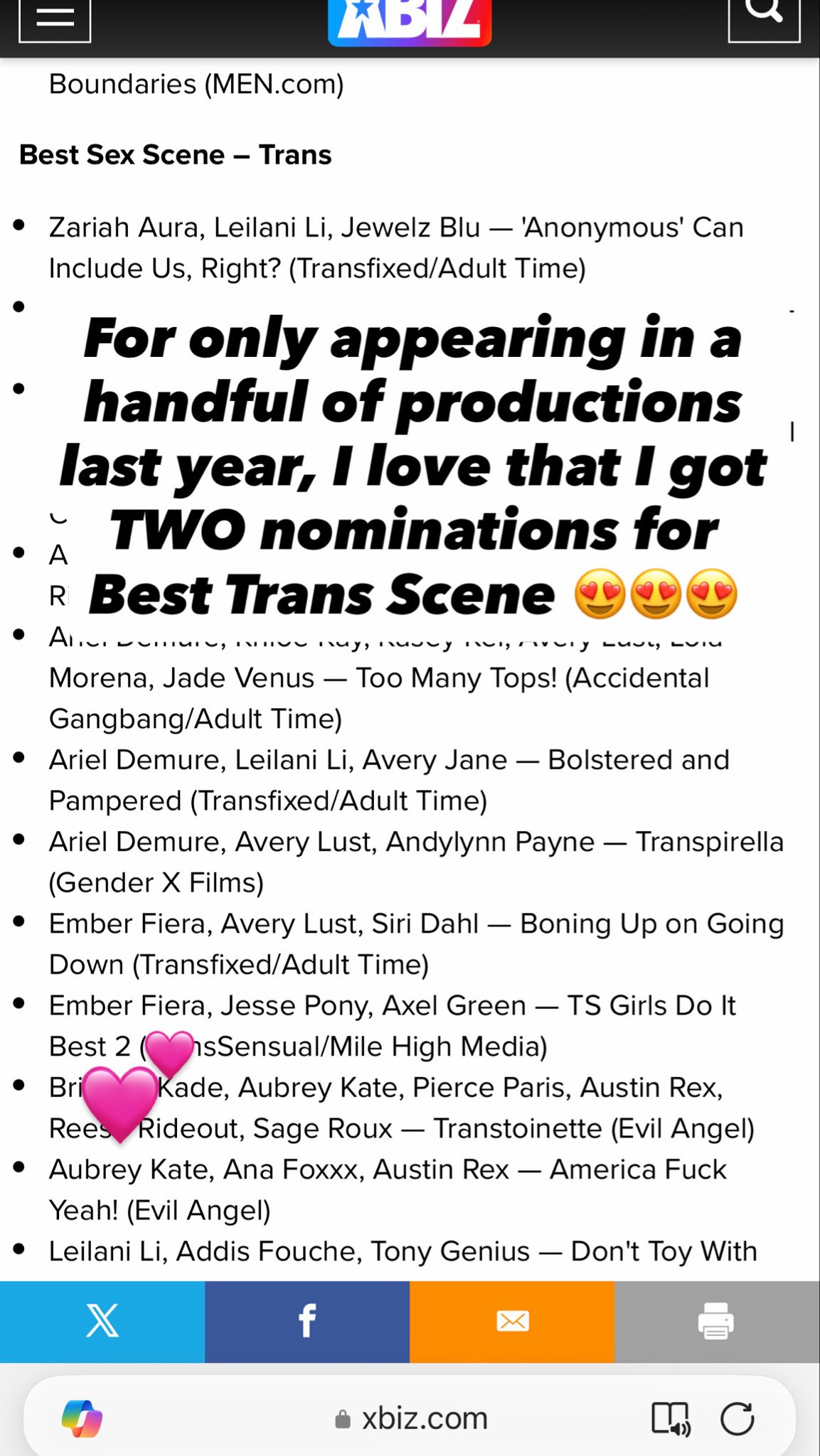 Ember Fiéra — nude photo — I got TWO nominations from XBIZ for best trans sex scene 💕 I don’t know which one I liked better to be honest 🤭